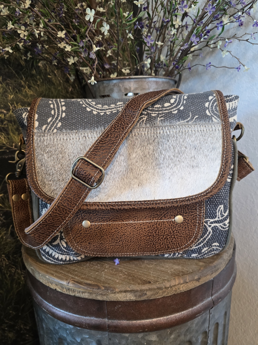 Brown Leather-Trim Crossbody Bag with Patterned Fabric